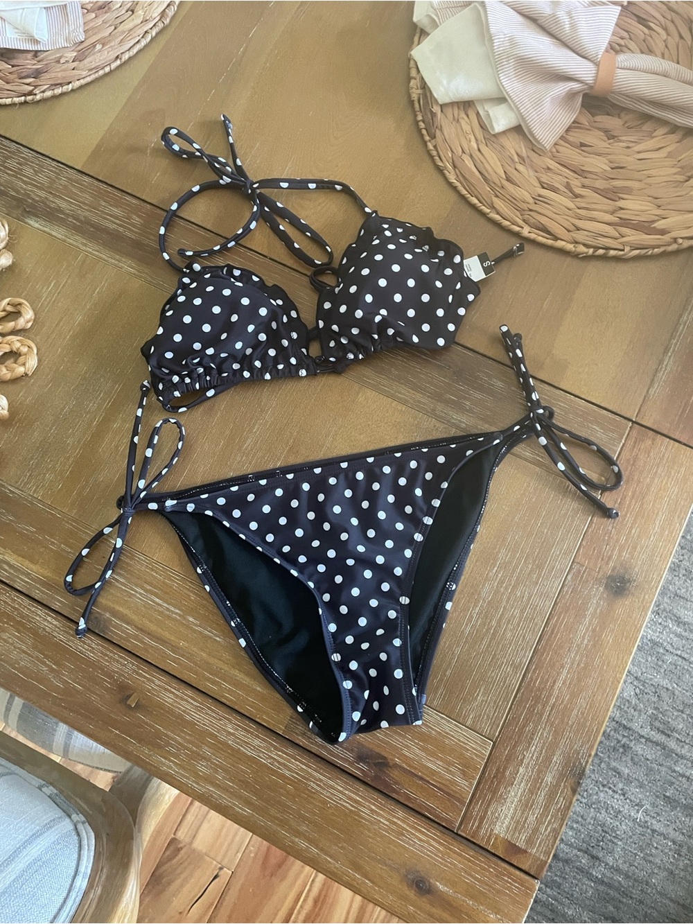 Black & White Polka Dot Tie-Side Bikini Set - Women Swim